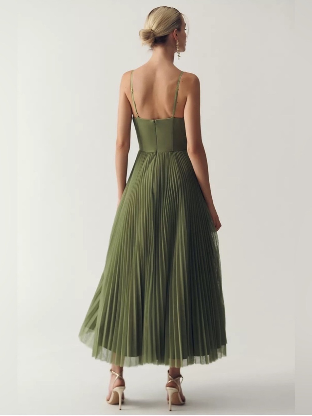 Hutch Anthropologie Olive Green Amara Corset Pleated Tulle Fit Flare Midi Dress - Picture 3 of 16